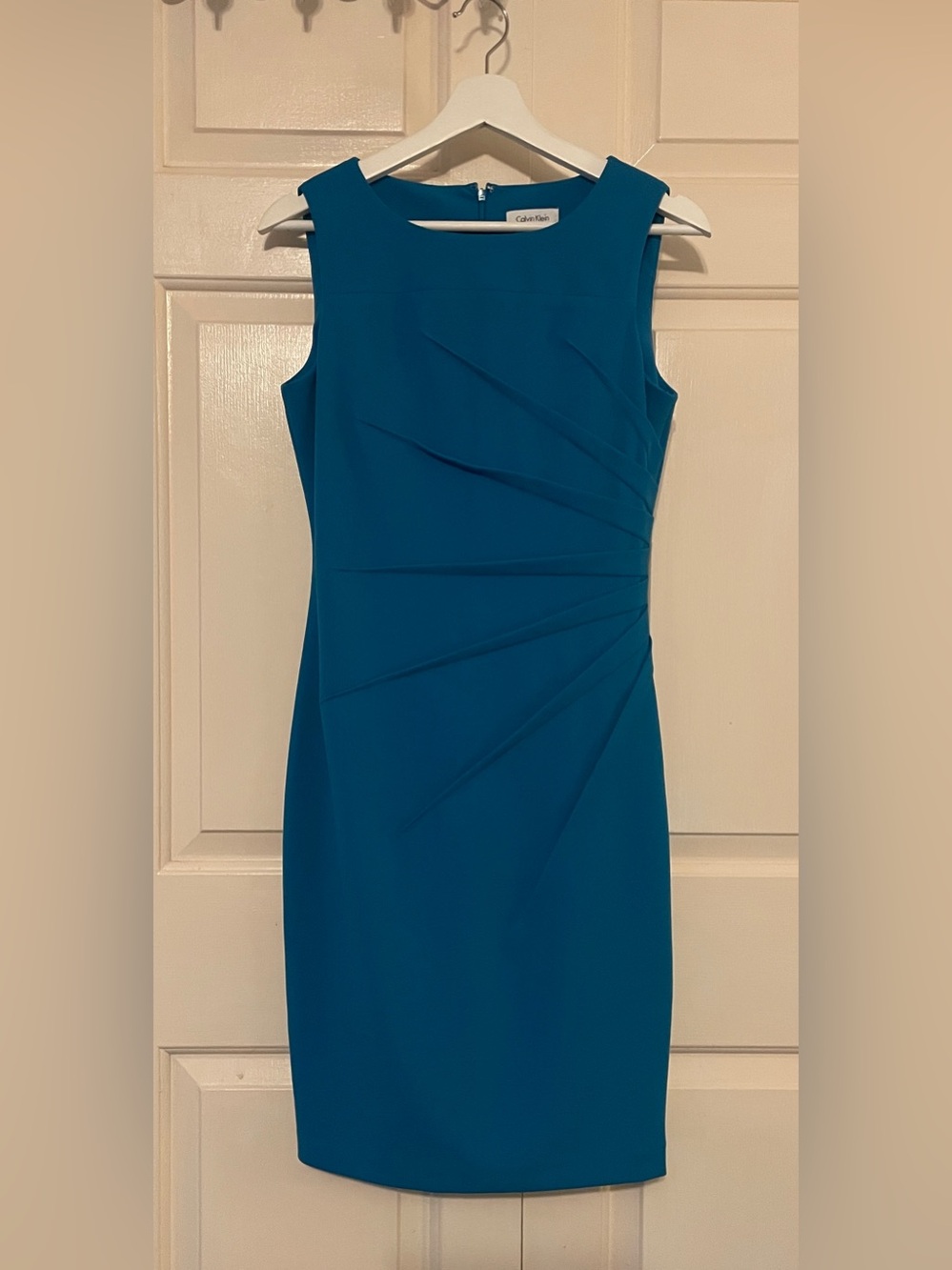 Calvin Klein Teal Blue Starburst Ruched Sheath Dress - Asymmetrical cocktail